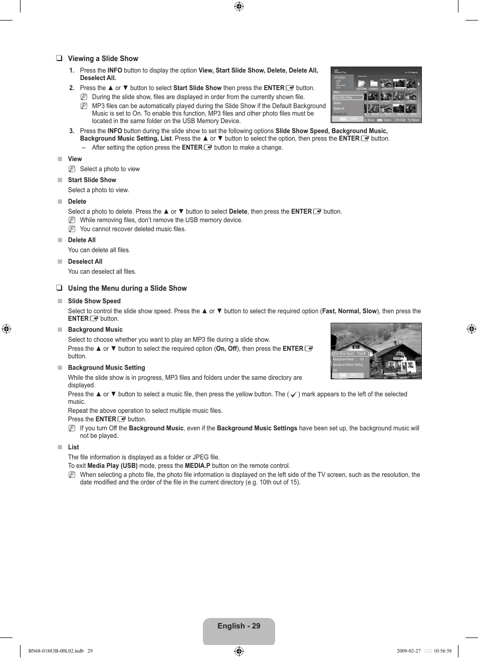 English - 2 viewing a slide show, Using the menu during a slide show | Samsung LN40B540P8FUZA User Manual | Page 31 / 89