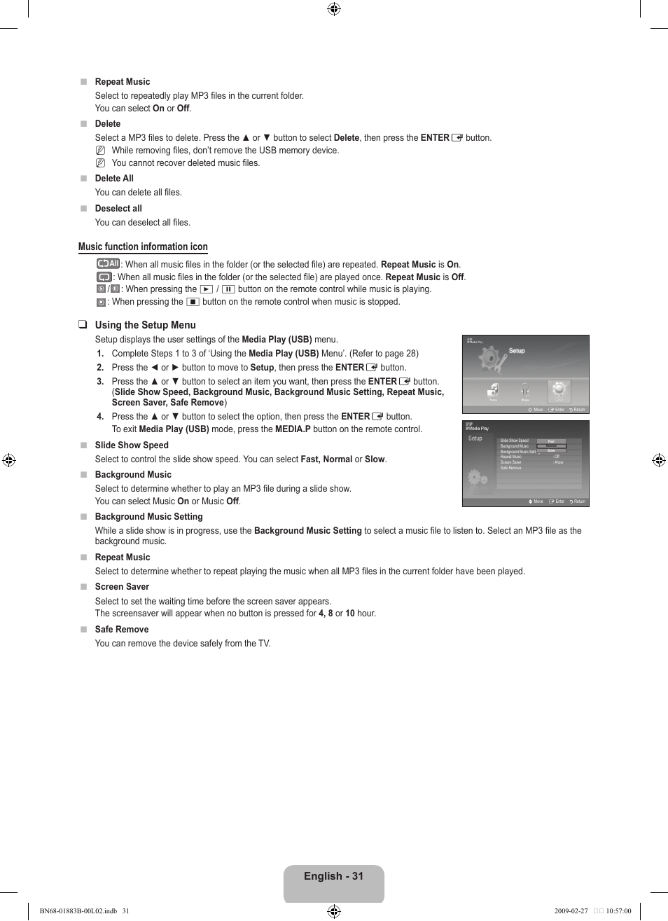 English - 1, Music function information icon, Using the setup menu | Samsung LN40B540P8FUZA User Manual | Page 33 / 89