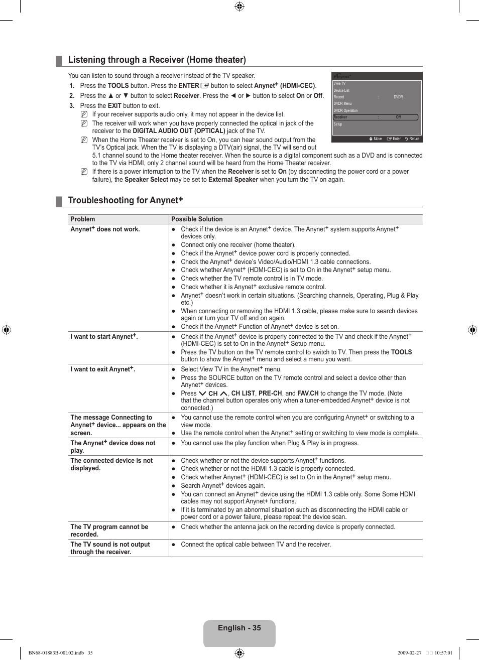 Listening through a receiver (home theater), Troubleshooting for anynet | Samsung LN40B540P8FUZA User Manual | Page 37 / 89