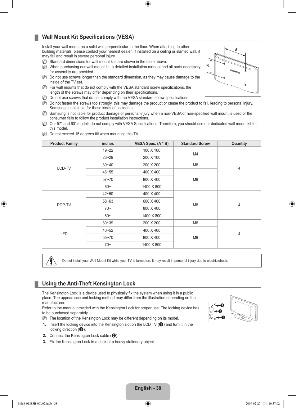 Wall mount kit specifications (vesa), Using the anti-theft kensington lock | Samsung LN40B540P8FUZA User Manual | Page 40 / 89