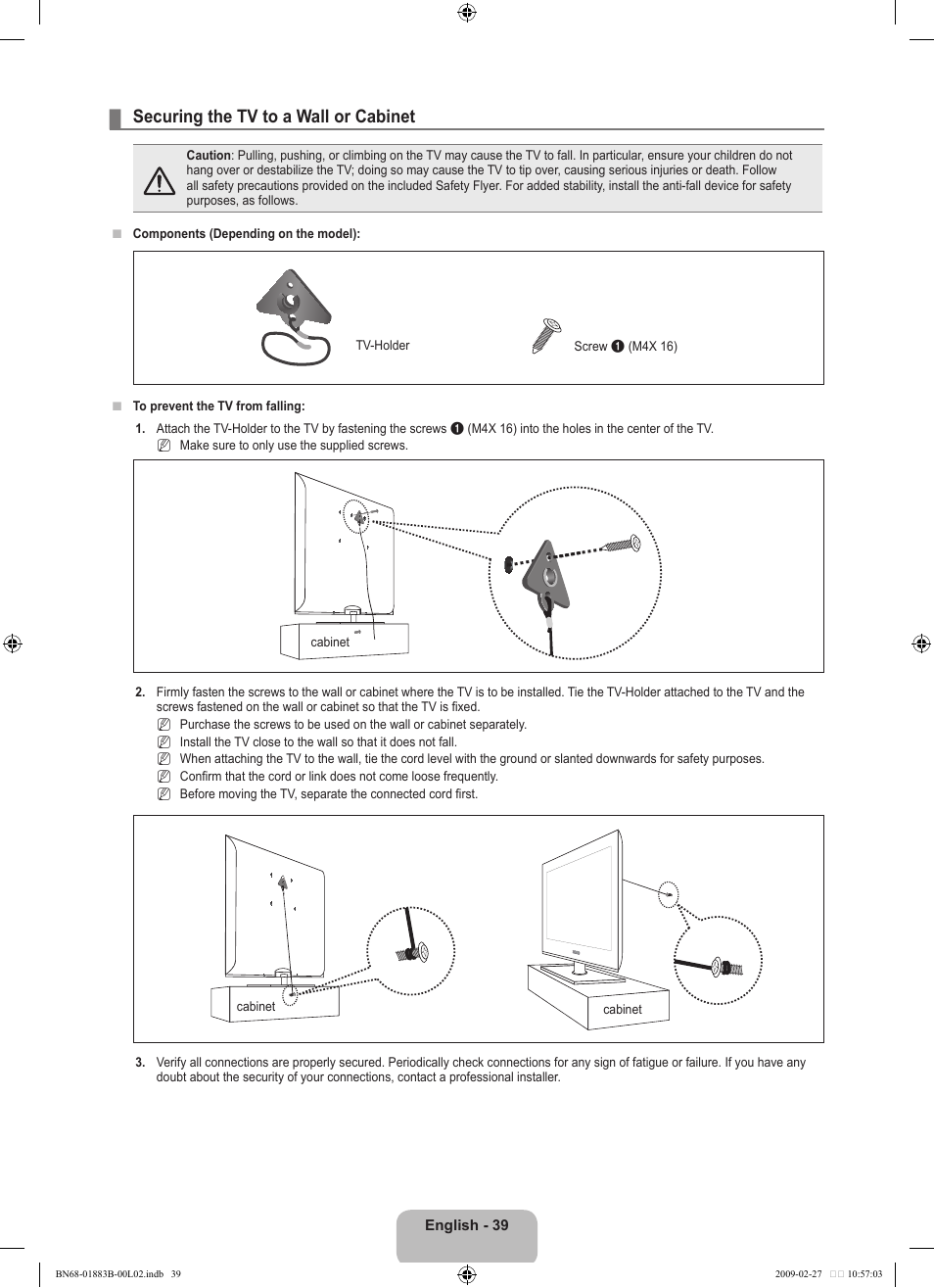 Securing the tv to a wall or cabinet | Samsung LN40B540P8FUZA User Manual | Page 41 / 89