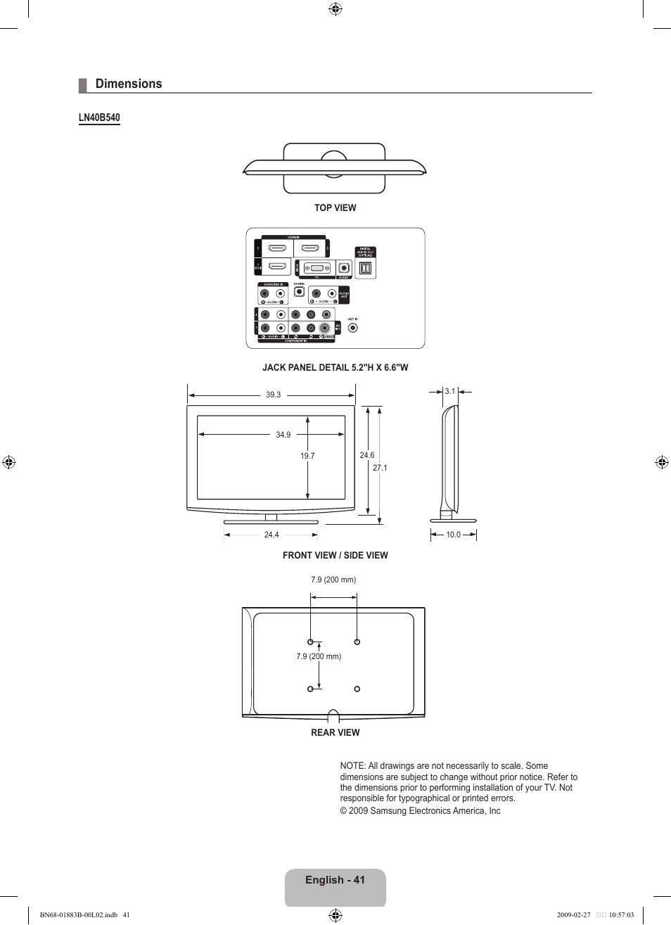 Dimensions | Samsung LN40B540P8FUZA User Manual | Page 43 / 89