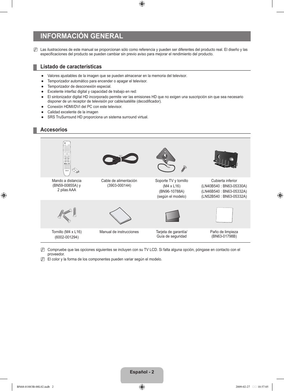 Información general, Listado de características, Accesorios | Samsung LN40B540P8FUZA User Manual | Page 48 / 89