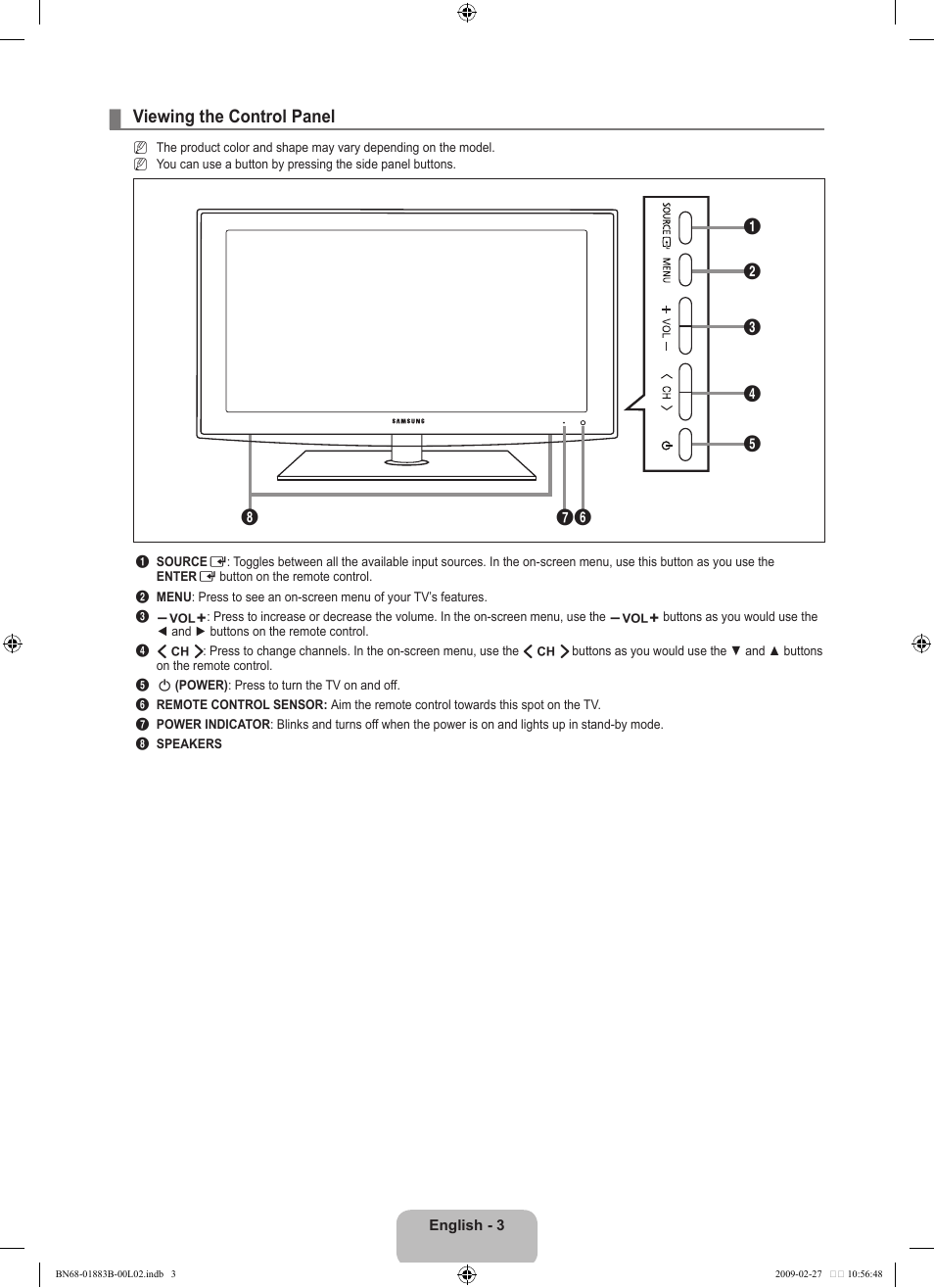 Viewing the control panel | Samsung LN40B540P8FUZA User Manual | Page 5 / 89