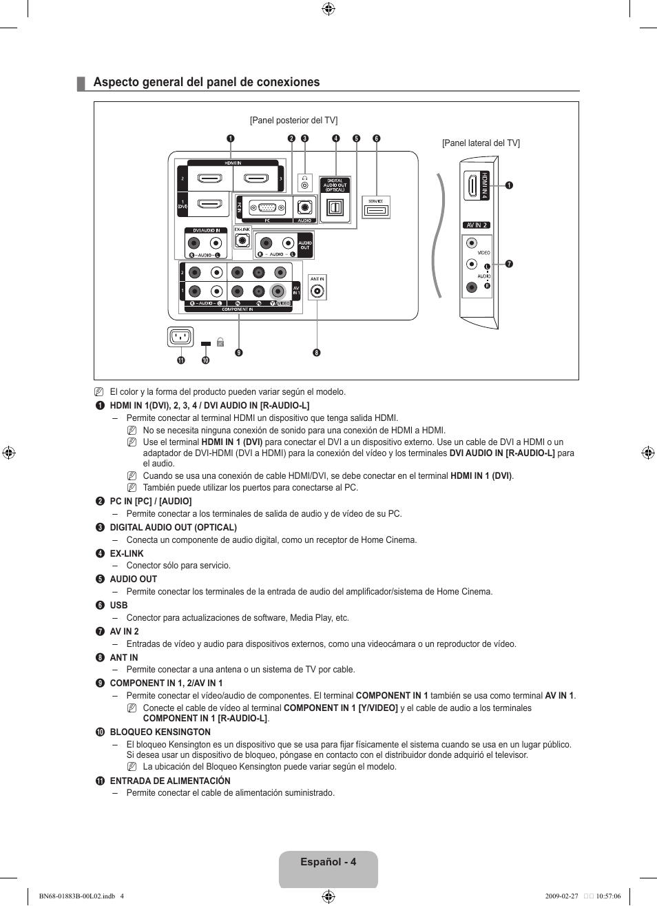 Aspecto general del panel de conexiones | Samsung LN40B540P8FUZA User Manual | Page 50 / 89