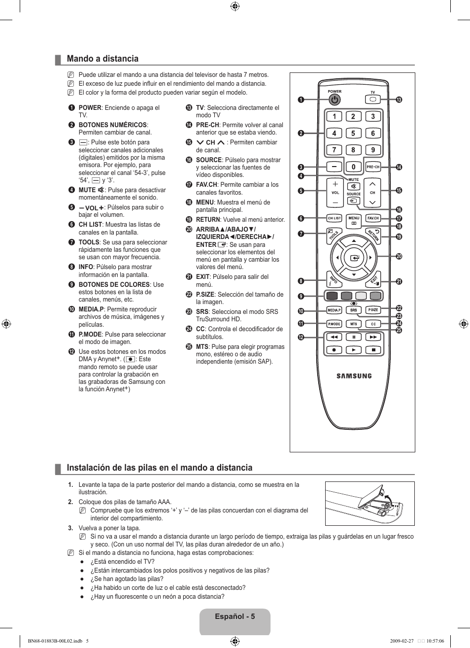 Mando a distancia, Instalación de las pilas en el mando a distancia | Samsung LN40B540P8FUZA User Manual | Page 51 / 89