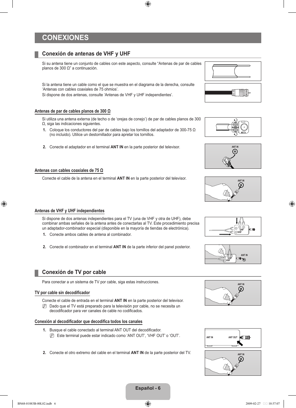 Conexiones, Conexión de antenas de vhf y uhf, Conexión de tv por cable | Samsung LN40B540P8FUZA User Manual | Page 52 / 89