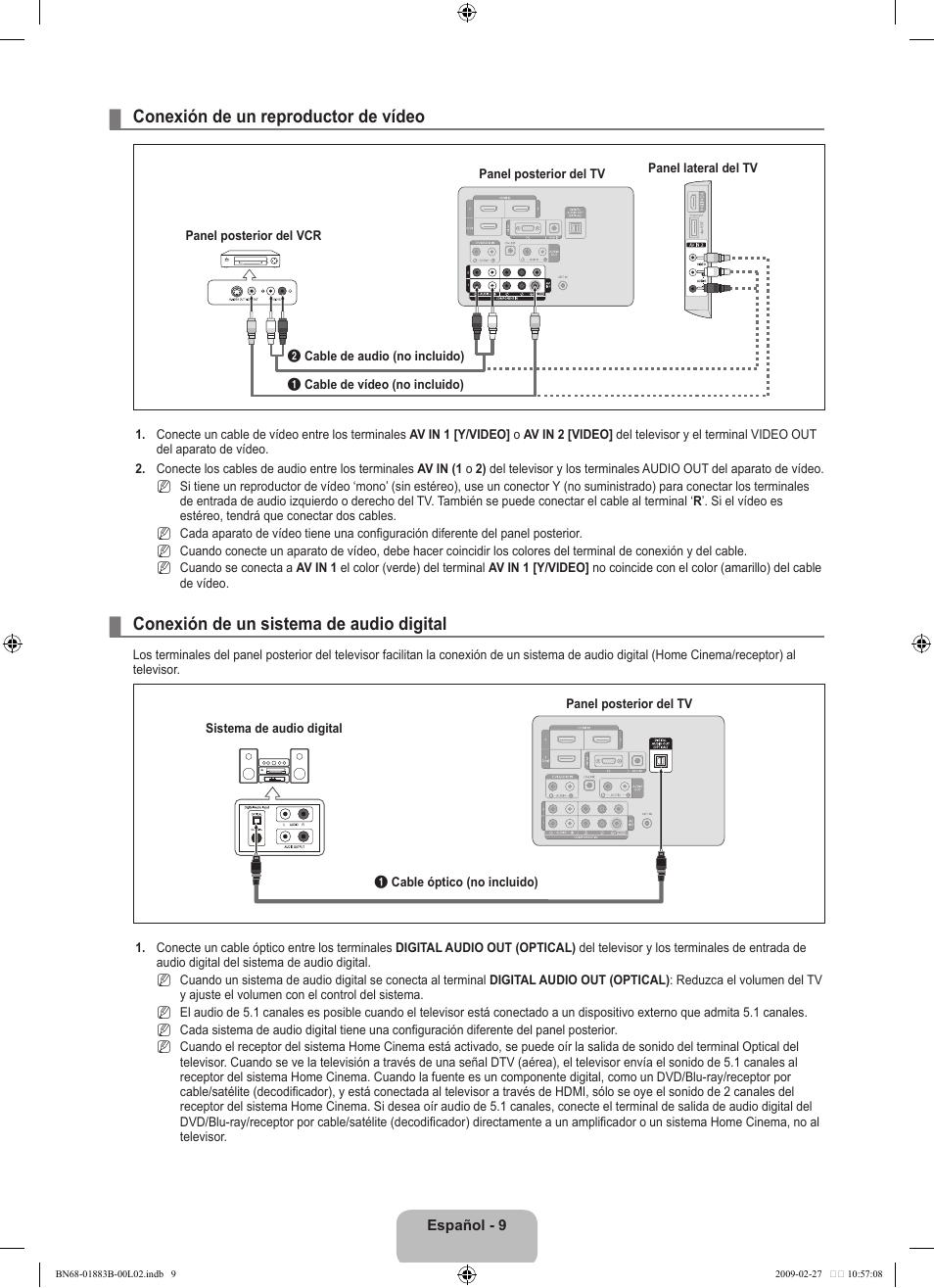Conexión de un reproductor de vídeo, Conexión de un sistema de audio digital | Samsung LN40B540P8FUZA User Manual | Page 55 / 89