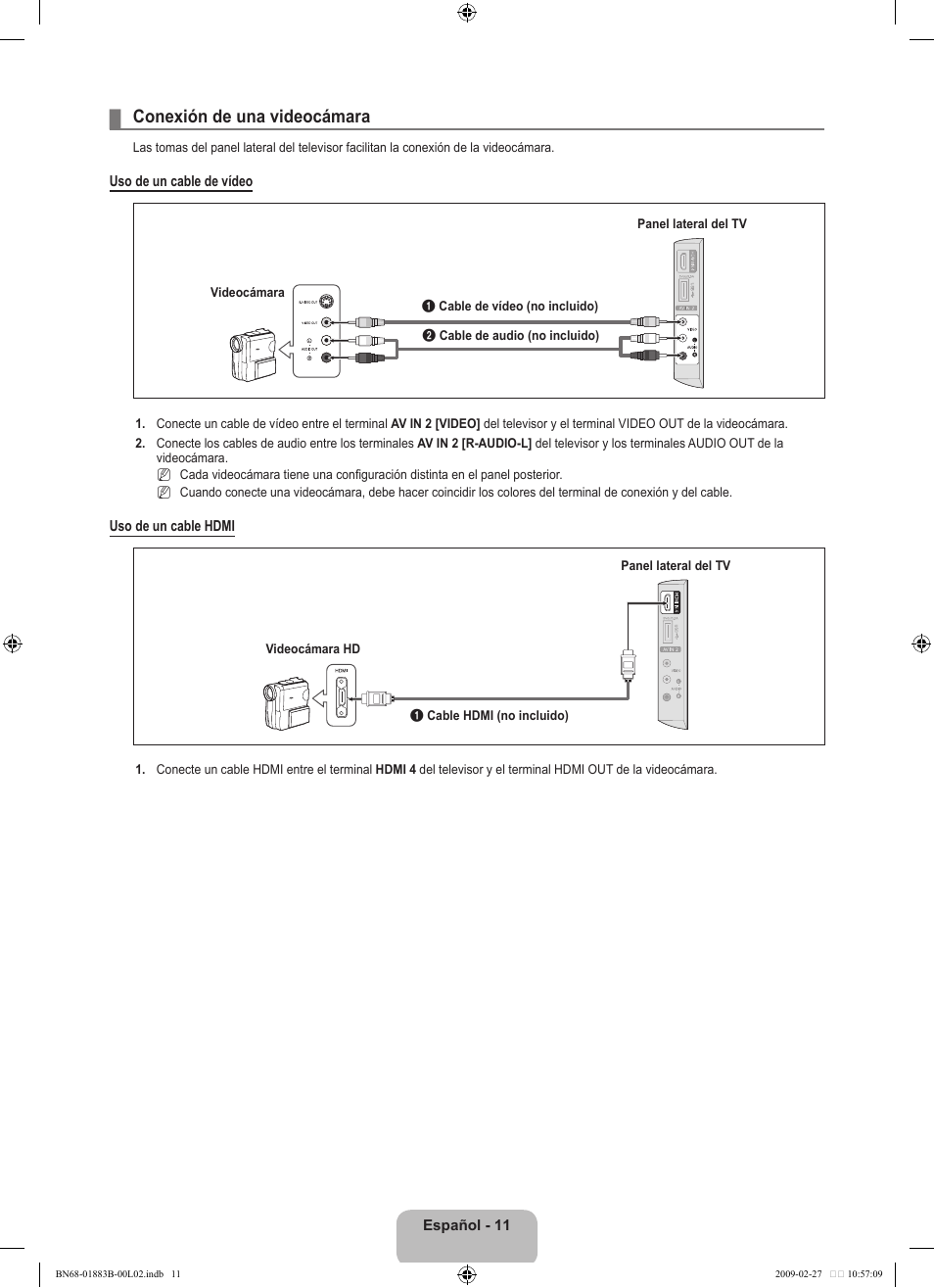 Conexión de una videocámara | Samsung LN40B540P8FUZA User Manual | Page 57 / 89