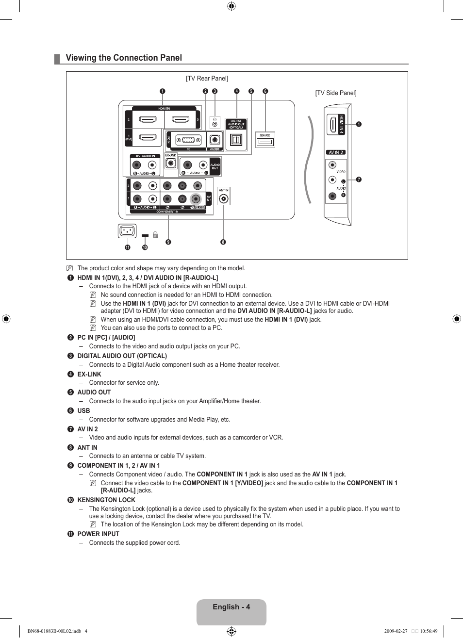 Viewing the connection panel | Samsung LN40B540P8FUZA User Manual | Page 6 / 89
