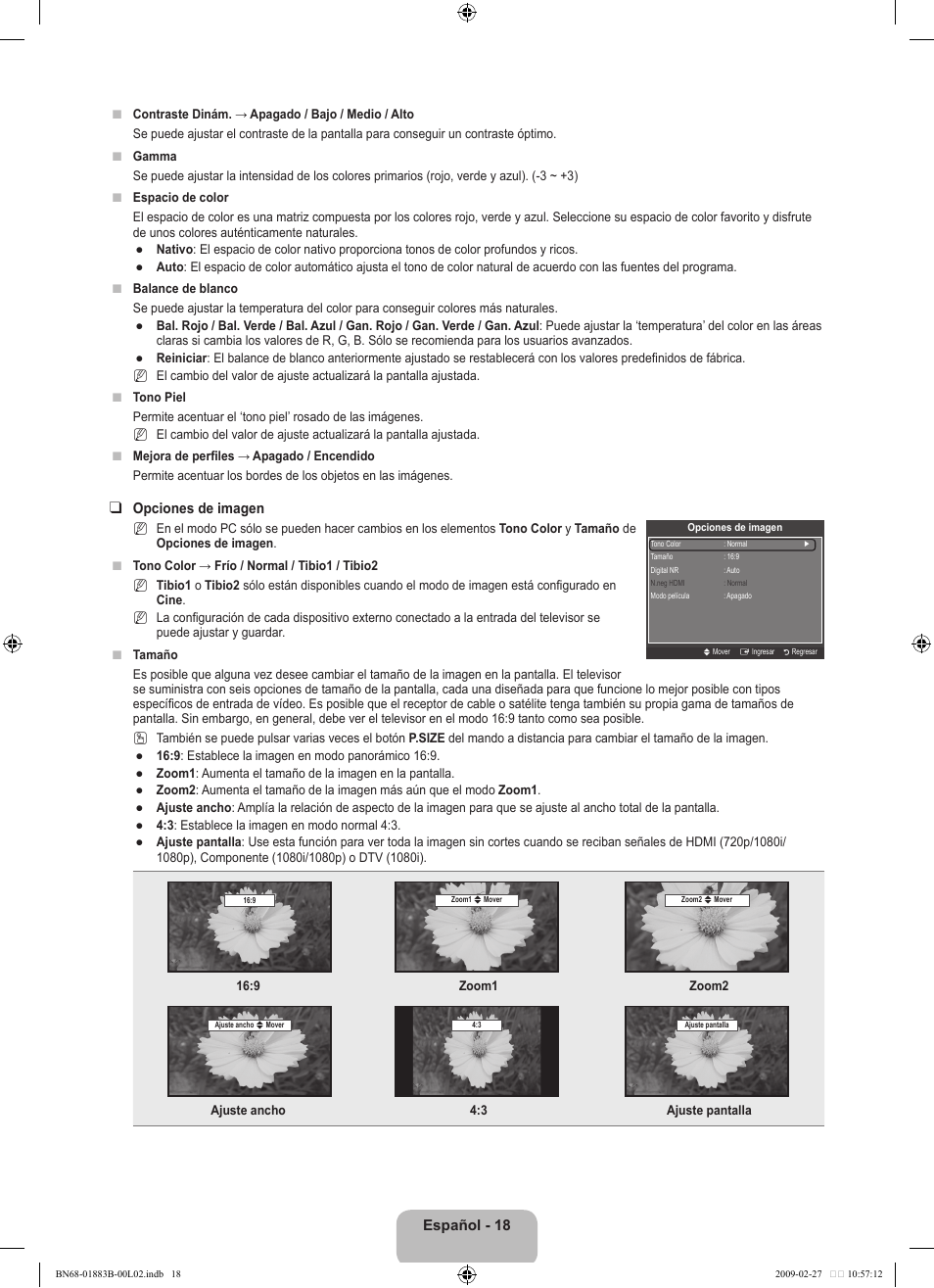 Español - 18, Opciones de imagen | Samsung LN40B540P8FUZA User Manual | Page 64 / 89
