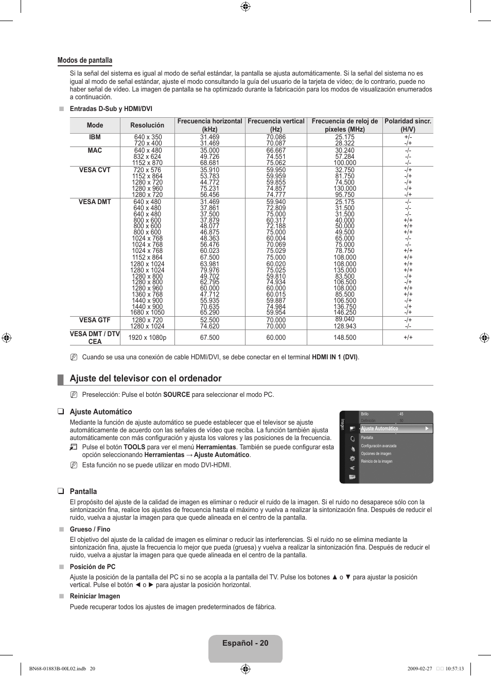 Ajuste del televisor con el ordenador | Samsung LN40B540P8FUZA User Manual | Page 66 / 89