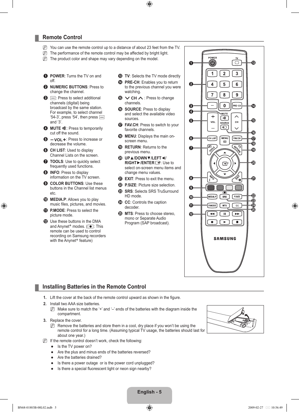 Remote control, Installing batteries in the remote control | Samsung LN40B540P8FUZA User Manual | Page 7 / 89