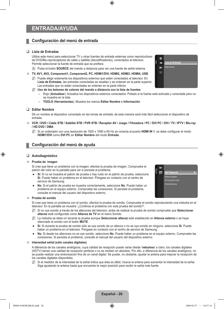 Entrada/ayuda, Configuración del menú de entrada, Configuración del menú de ayuda | Samsung LN40B540P8FUZA User Manual | Page 72 / 89