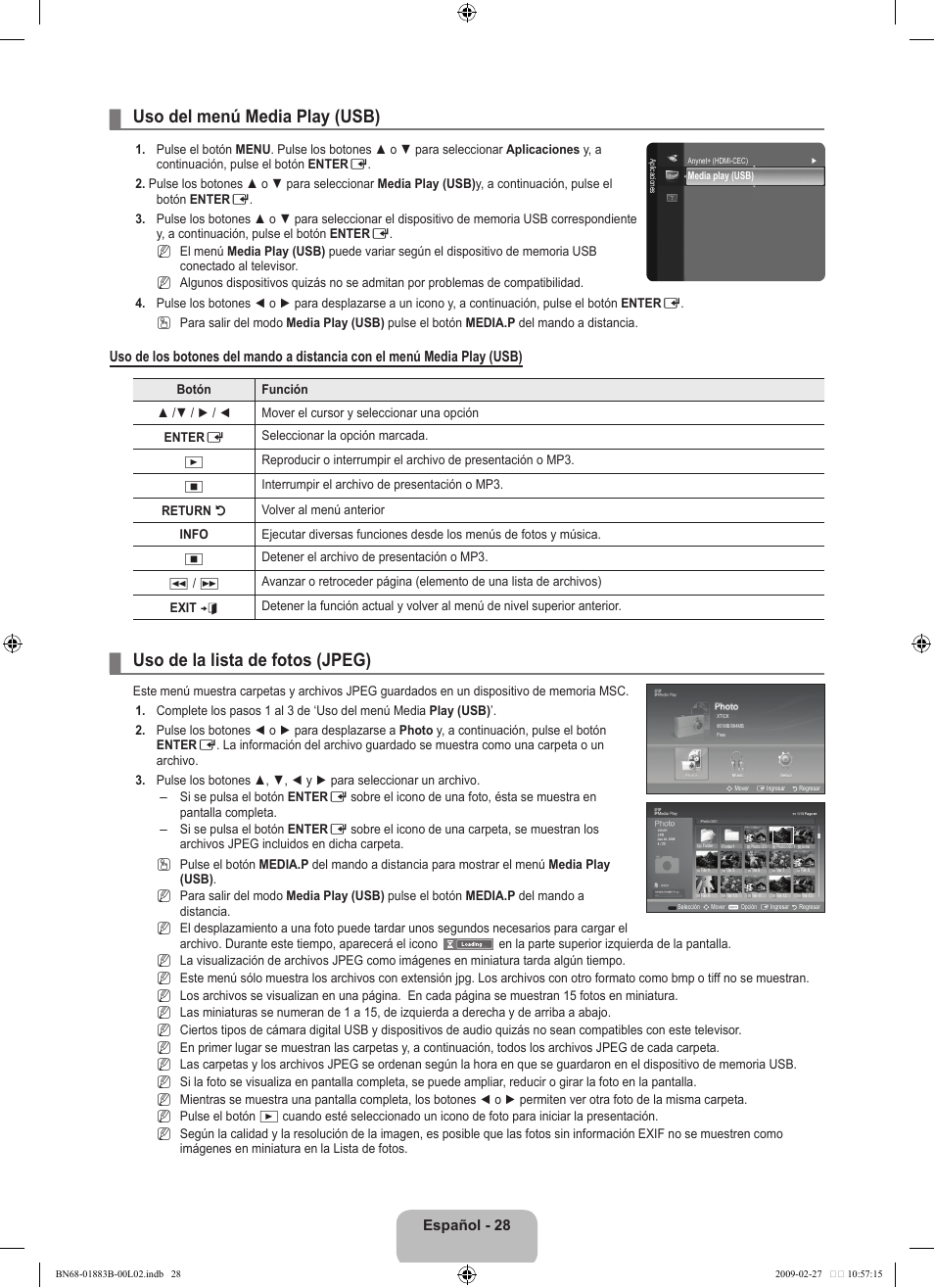 Uso del menú media play (usb), Uso de la lista de fotos (jpeg) | Samsung LN40B540P8FUZA User Manual | Page 74 / 89