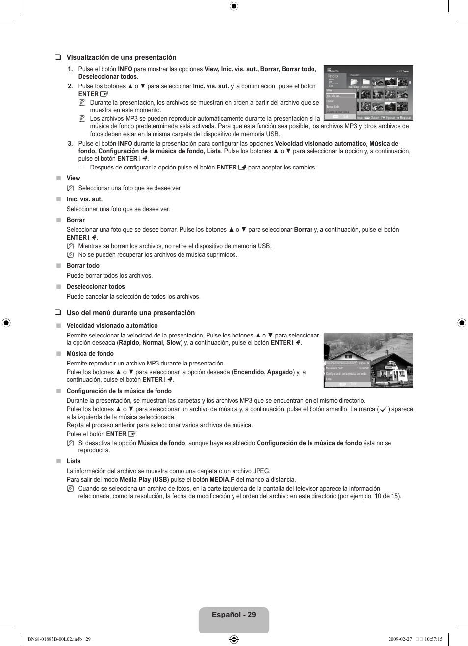 Español - 2 visualización de una presentación, Uso del menú durante una presentación | Samsung LN40B540P8FUZA User Manual | Page 75 / 89