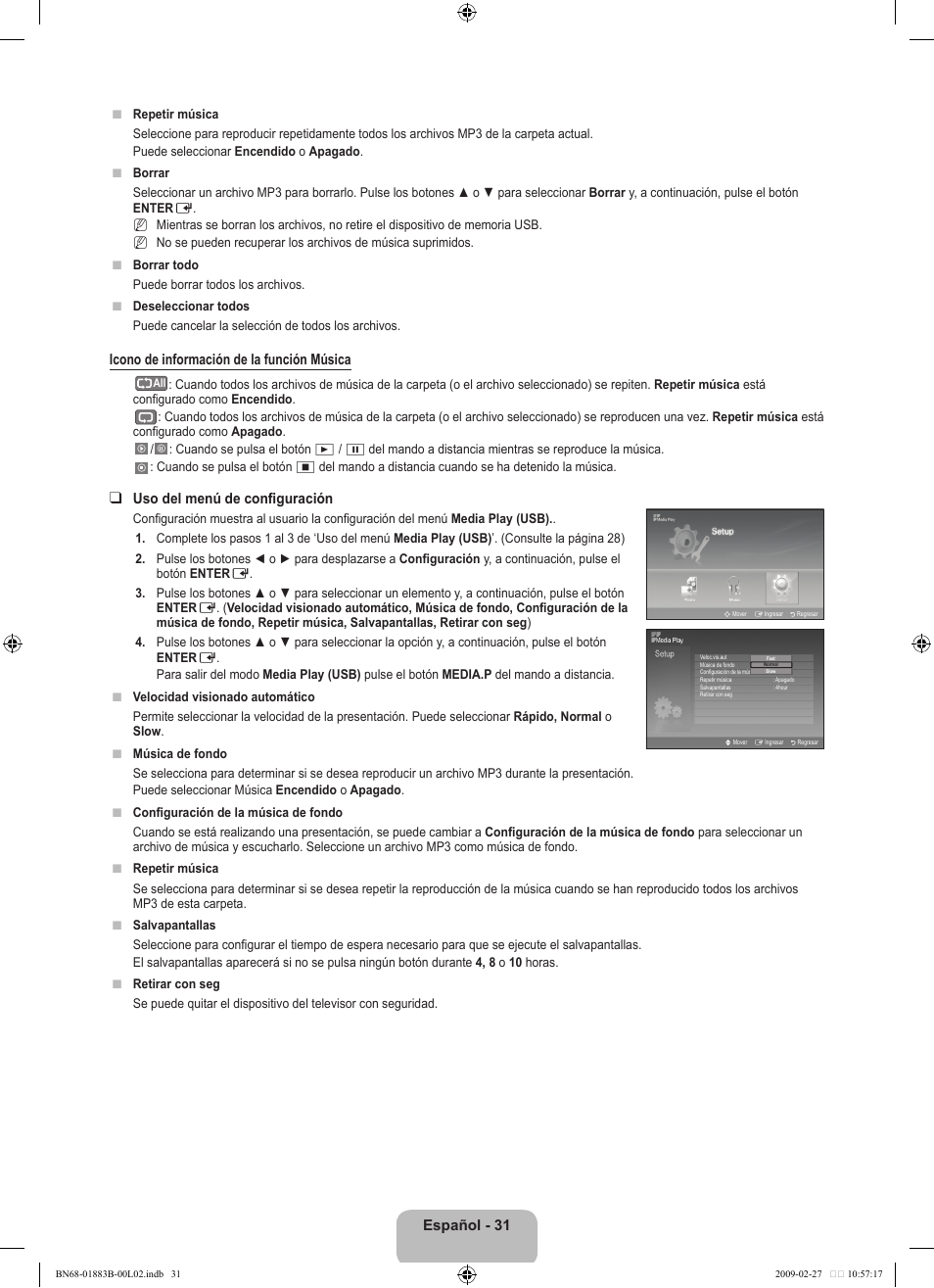 Español - 1, Icono de información de la función música, Uso del menú de configuración | Samsung LN40B540P8FUZA User Manual | Page 77 / 89