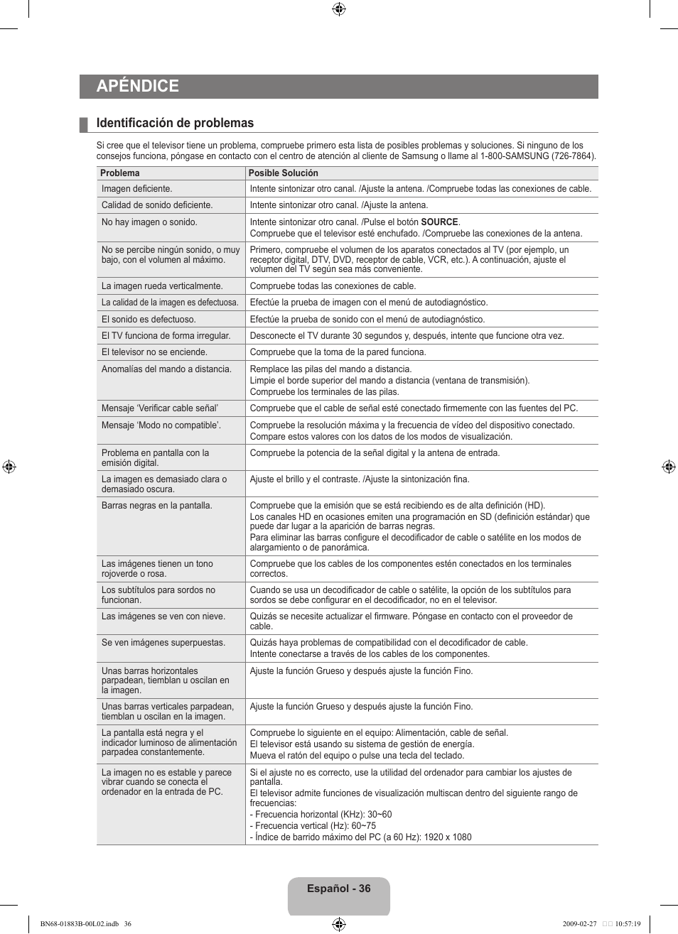 Apéndice, Identificación de problemas | Samsung LN40B540P8FUZA User Manual | Page 82 / 89