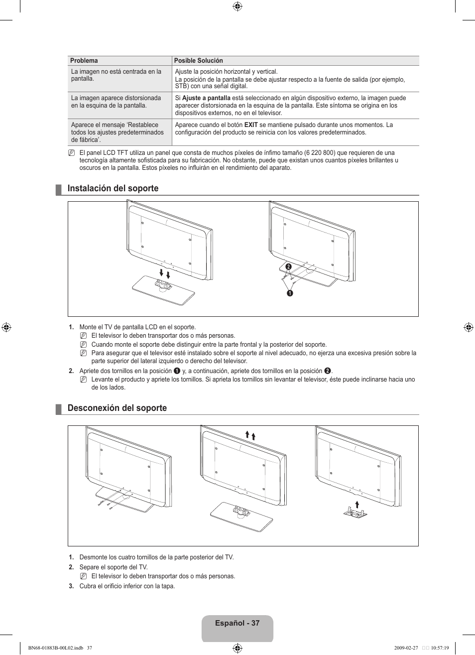 Instalación del soporte, Desconexión del soporte | Samsung LN40B540P8FUZA User Manual | Page 83 / 89