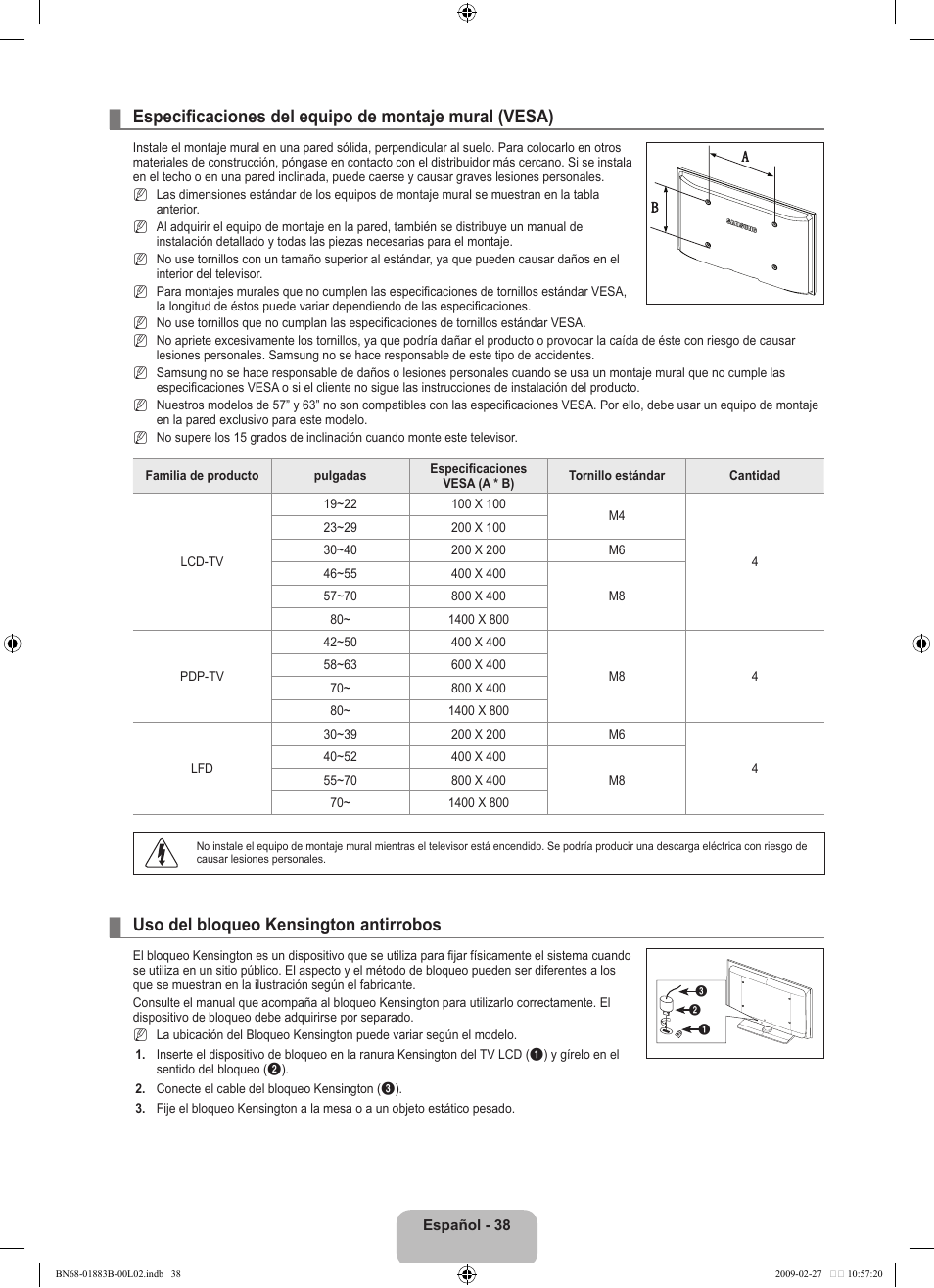 Uso del bloqueo kensington antirrobos | Samsung LN40B540P8FUZA User Manual | Page 84 / 89