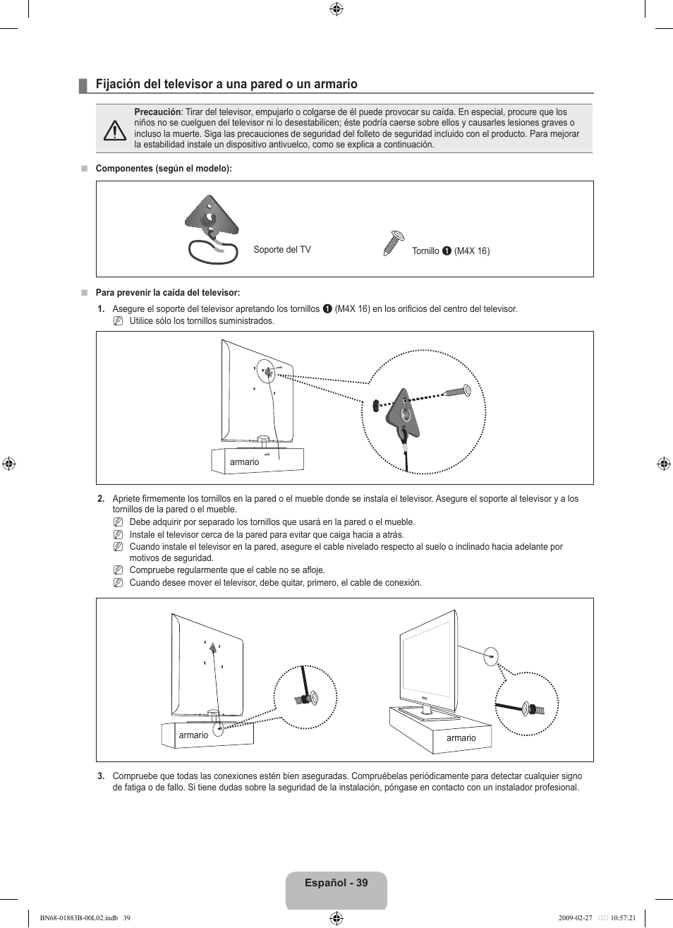 Fijación del televisor a una pared o un armario | Samsung LN40B540P8FUZA User Manual | Page 85 / 89