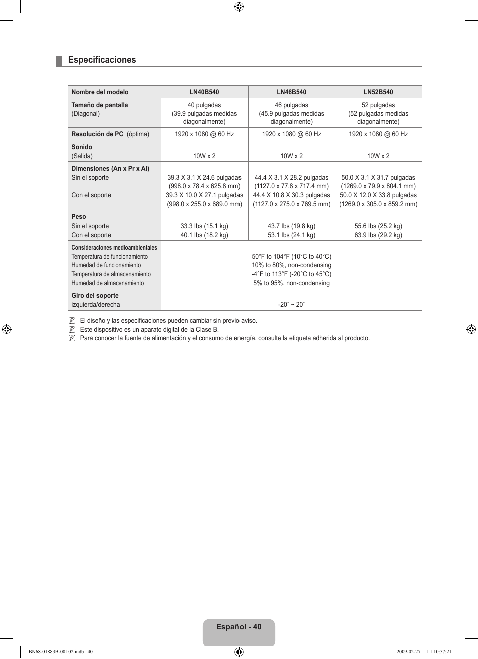 Especificaciones | Samsung LN40B540P8FUZA User Manual | Page 86 / 89