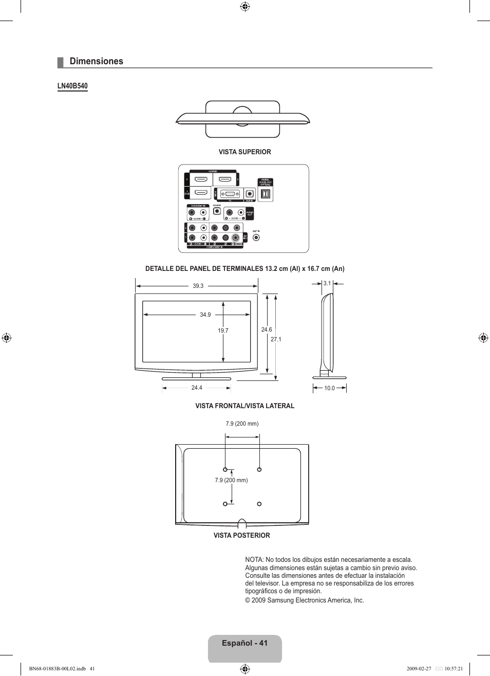 Dimensiones | Samsung LN40B540P8FUZA User Manual | Page 87 / 89