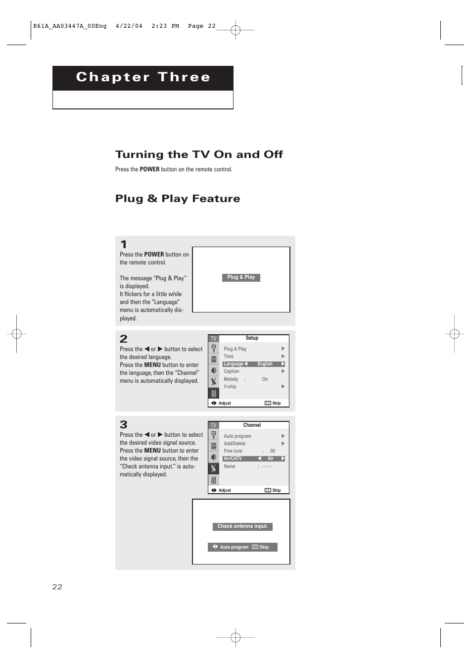 Turning the tv on and off, Plug & play feature | Samsung TXP3264S-XAA User Manual | Page 22 / 68