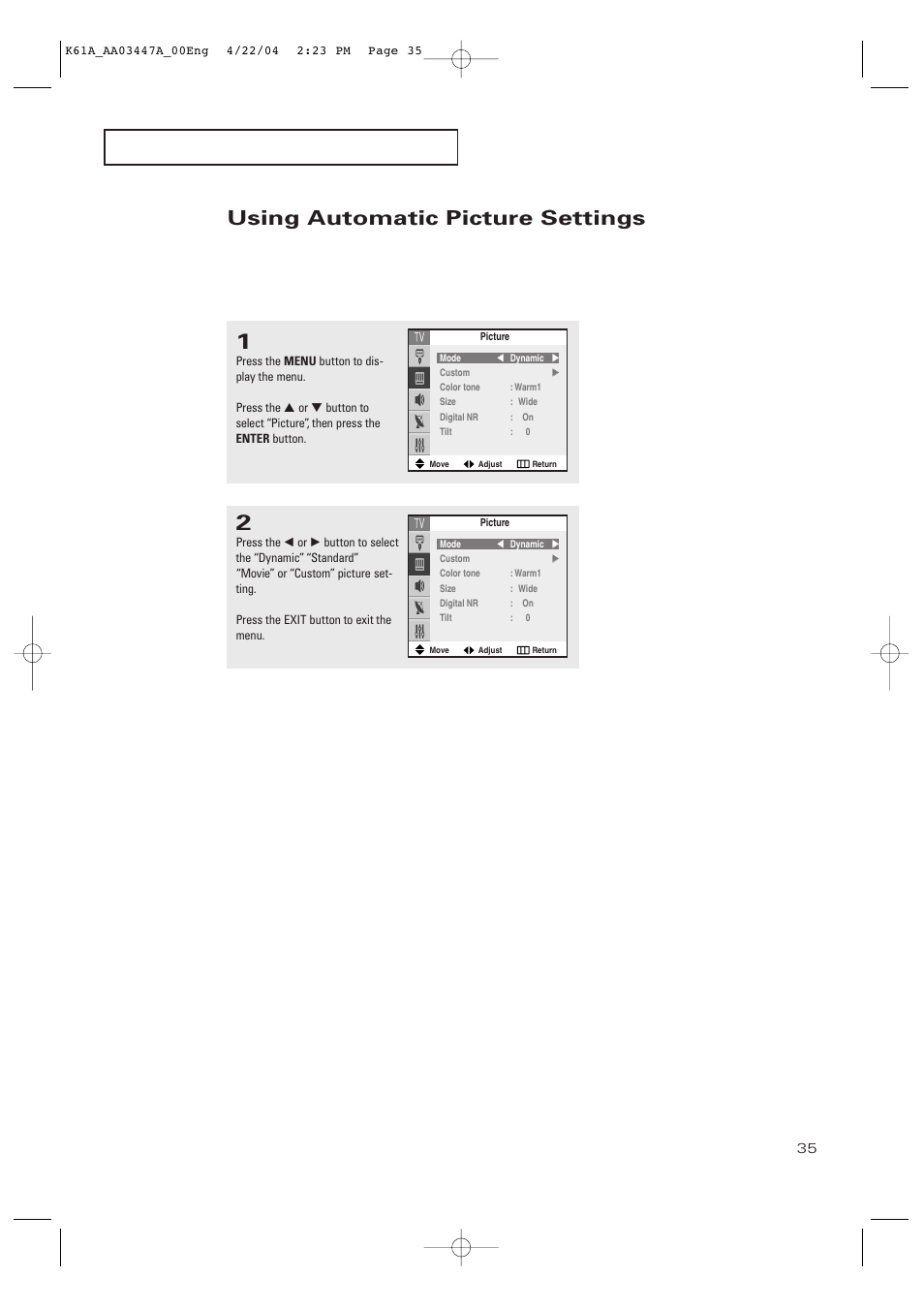 Using automatic picture settings | Samsung TXP3264S-XAA User Manual | Page 35 / 68