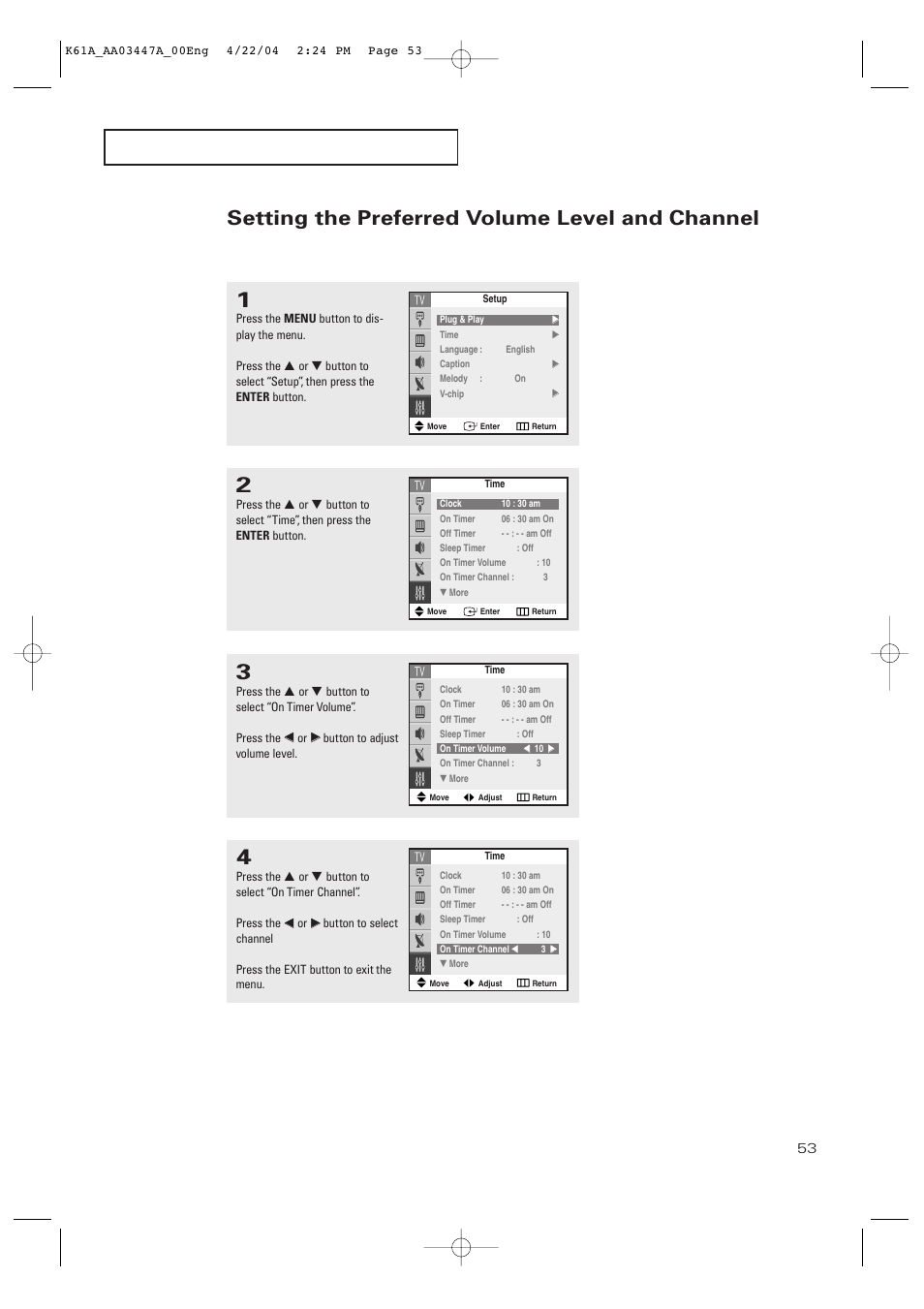 Setting the preferred volume level and channel | Samsung TXP3264S-XAA User Manual | Page 53 / 68