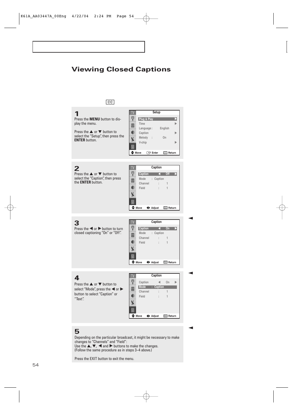 Viewing closed captions | Samsung TXP3264S-XAA User Manual | Page 54 / 68