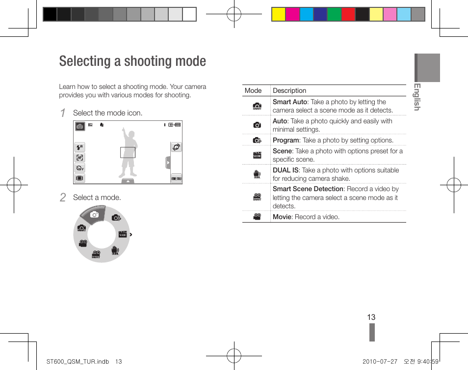 Selecting a shooting mode | Samsung EC-ST600ZBPLUS User Manual | Page 13 / 40