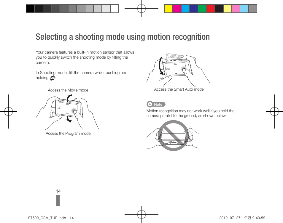 Selecting a shooting mode using motion recognition | Samsung EC-ST600ZBPLUS User Manual | Page 14 / 40