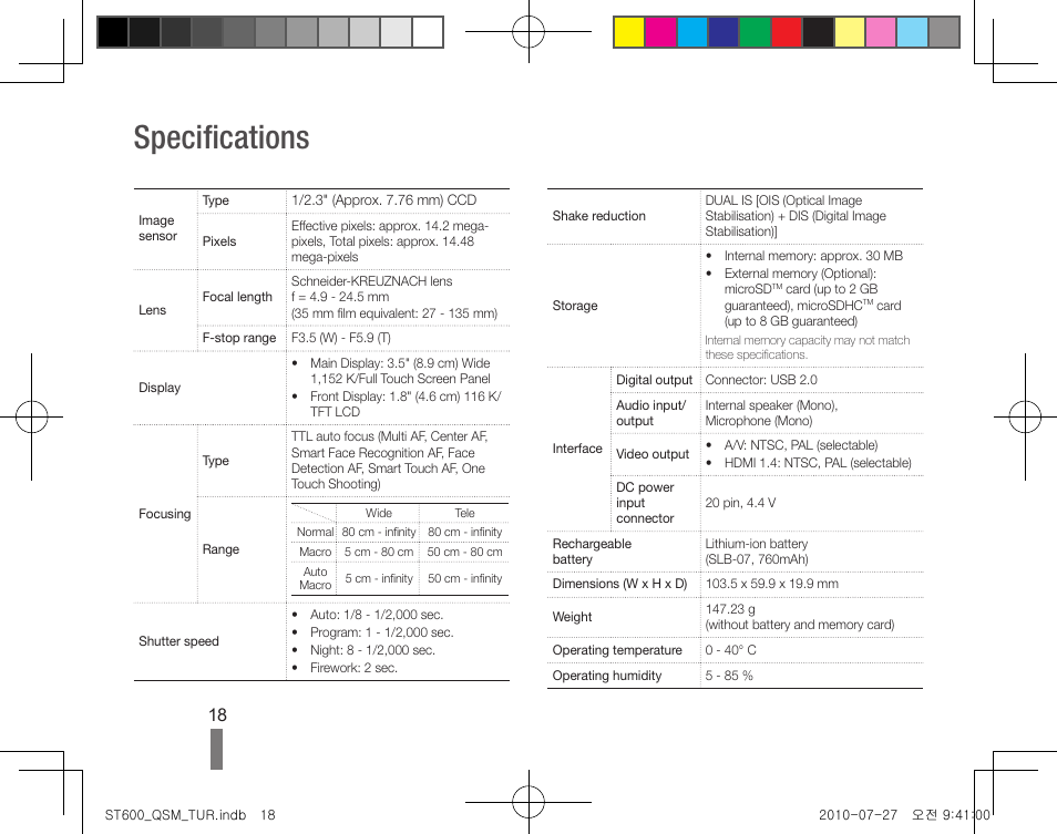 Specifications | Samsung EC-ST600ZBPLUS User Manual | Page 18 / 40