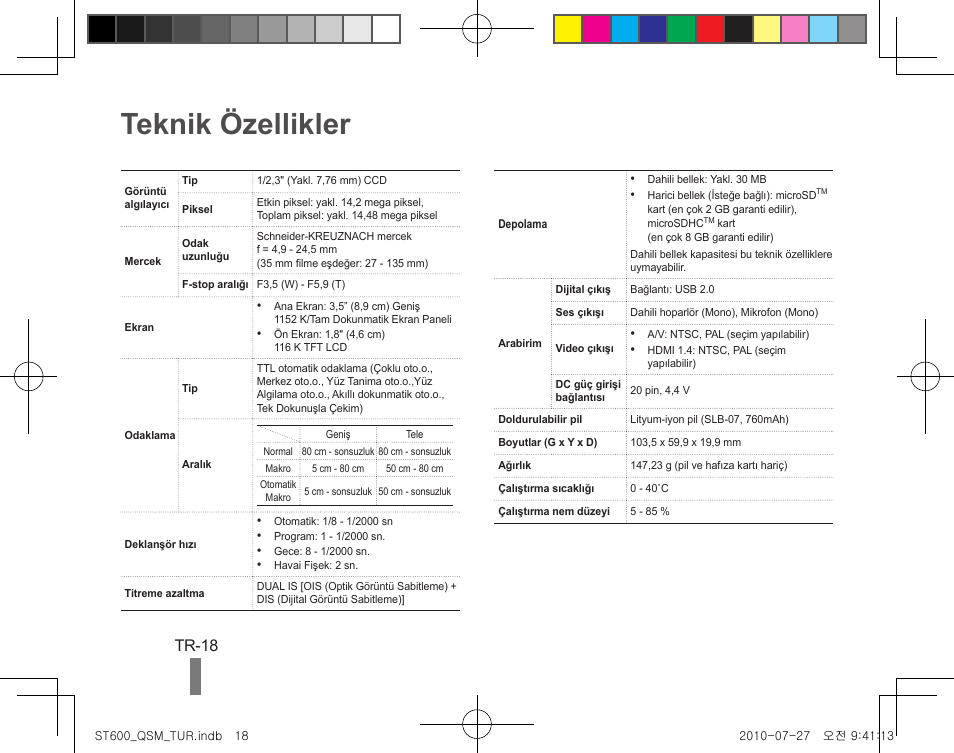 Teknik özellikler, Tr-18 | Samsung EC-ST600ZBPLUS User Manual | Page 36 / 40