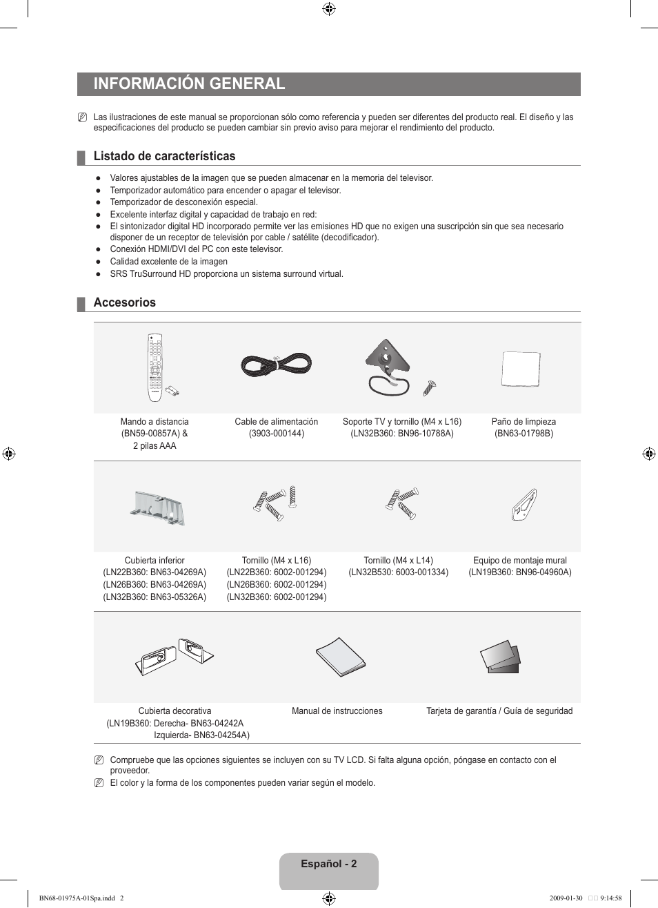 Información general, Listado de características, Accesorios | Samsung LN22B360C5DUZA User Manual | Page 50 / 93