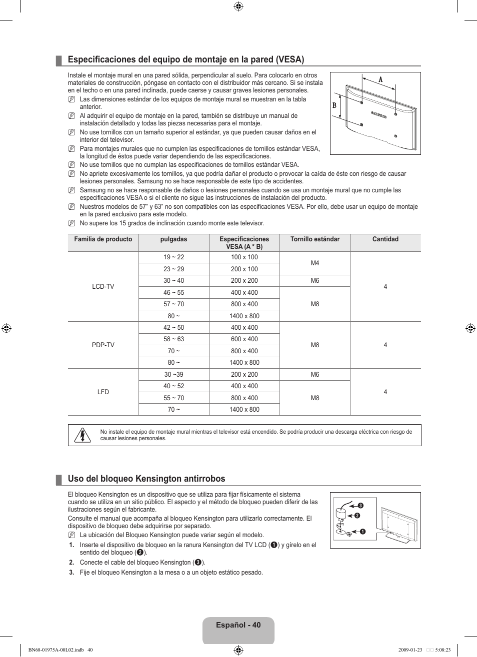 Uso del bloqueo kensington antirrobos | Samsung LN22B360C5DUZA User Manual | Page 88 / 93