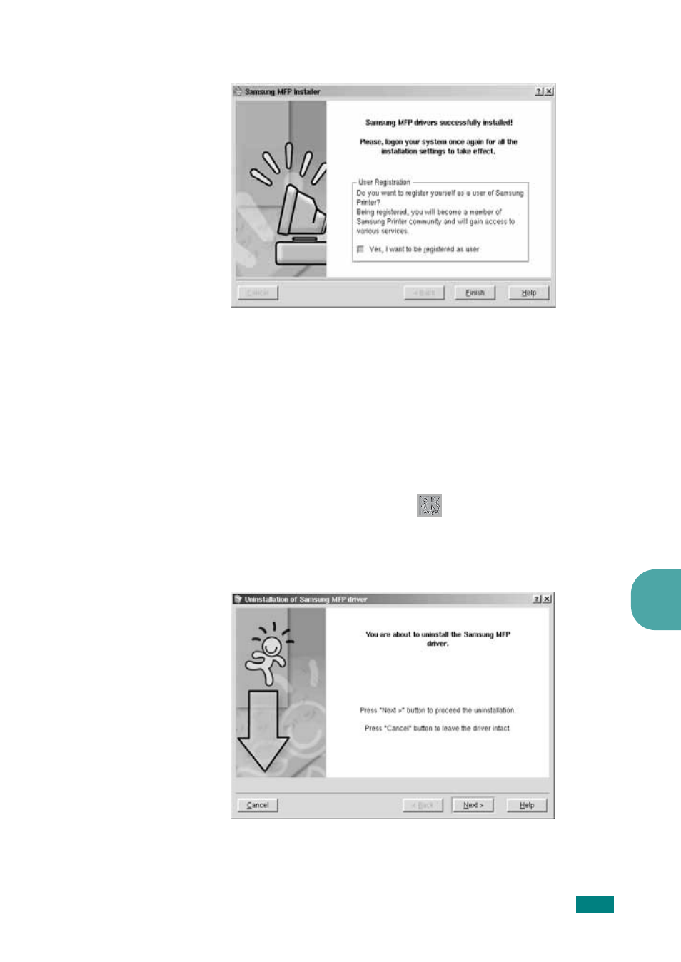 Uninstalling the mfp driver | Samsung SF-565P-XAA User Manual | Page 144 / 212