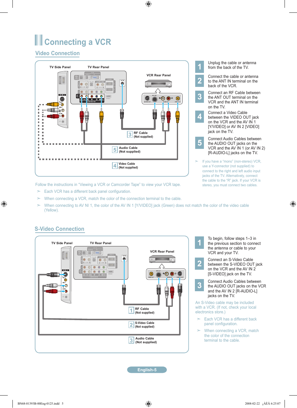 Connecting a vcr, Video connection s-video connection | Samsung LN40A530P1FXZA User Manual | Page 5 / 12