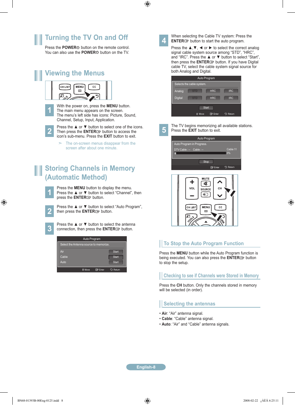 Turning the tv on and off, Viewing the menus | Samsung LN40A530P1FXZA User Manual | Page 8 / 12