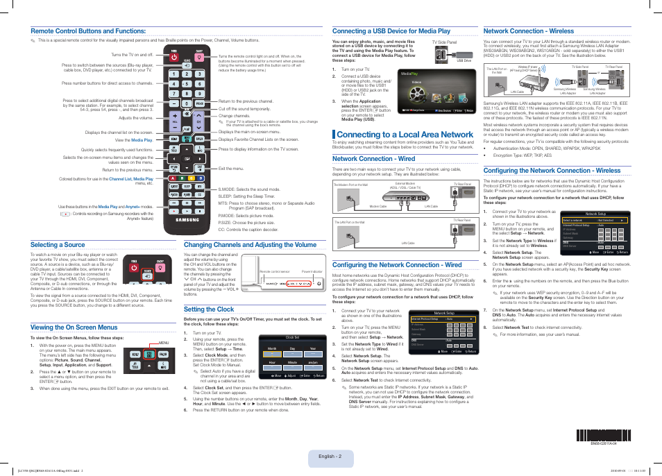 Connecting to a local area network, Changing channels and adjusting the volume, Setting the clock | Connecting a usb device for media play, Selecting a source, Viewing the on screen menus, Network connection - wireless, Configuring the network connection - wireless, Network connection - wired, Remote control buttons and functions | Samsung LN46C550J1FXZA User Manual | Page 2 / 2