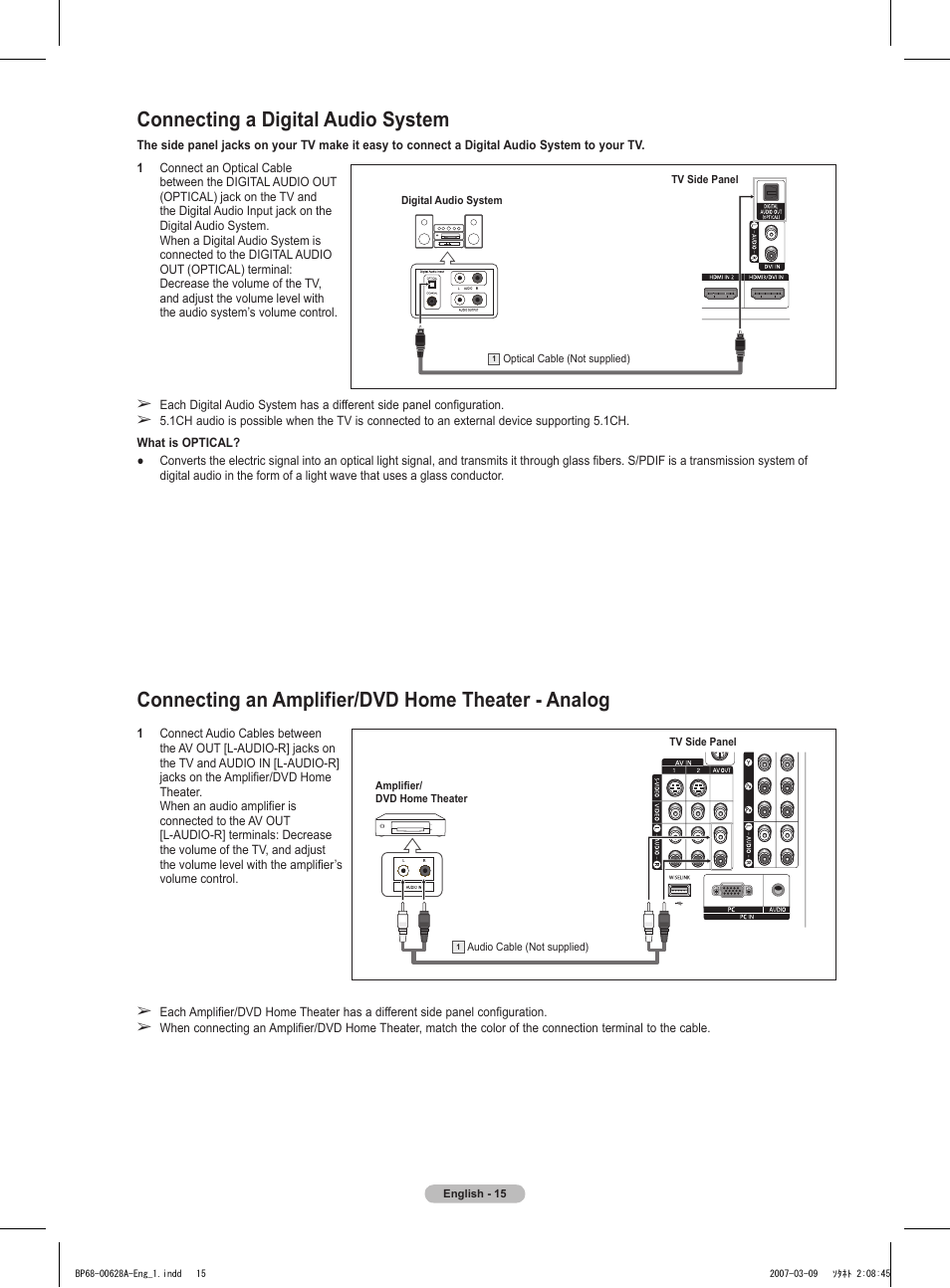 Connecting a digital audio system, Connecting an amplifier/dvd home theater - analog | Samsung HLT5087SAX-XAA User Manual | Page 15 / 236