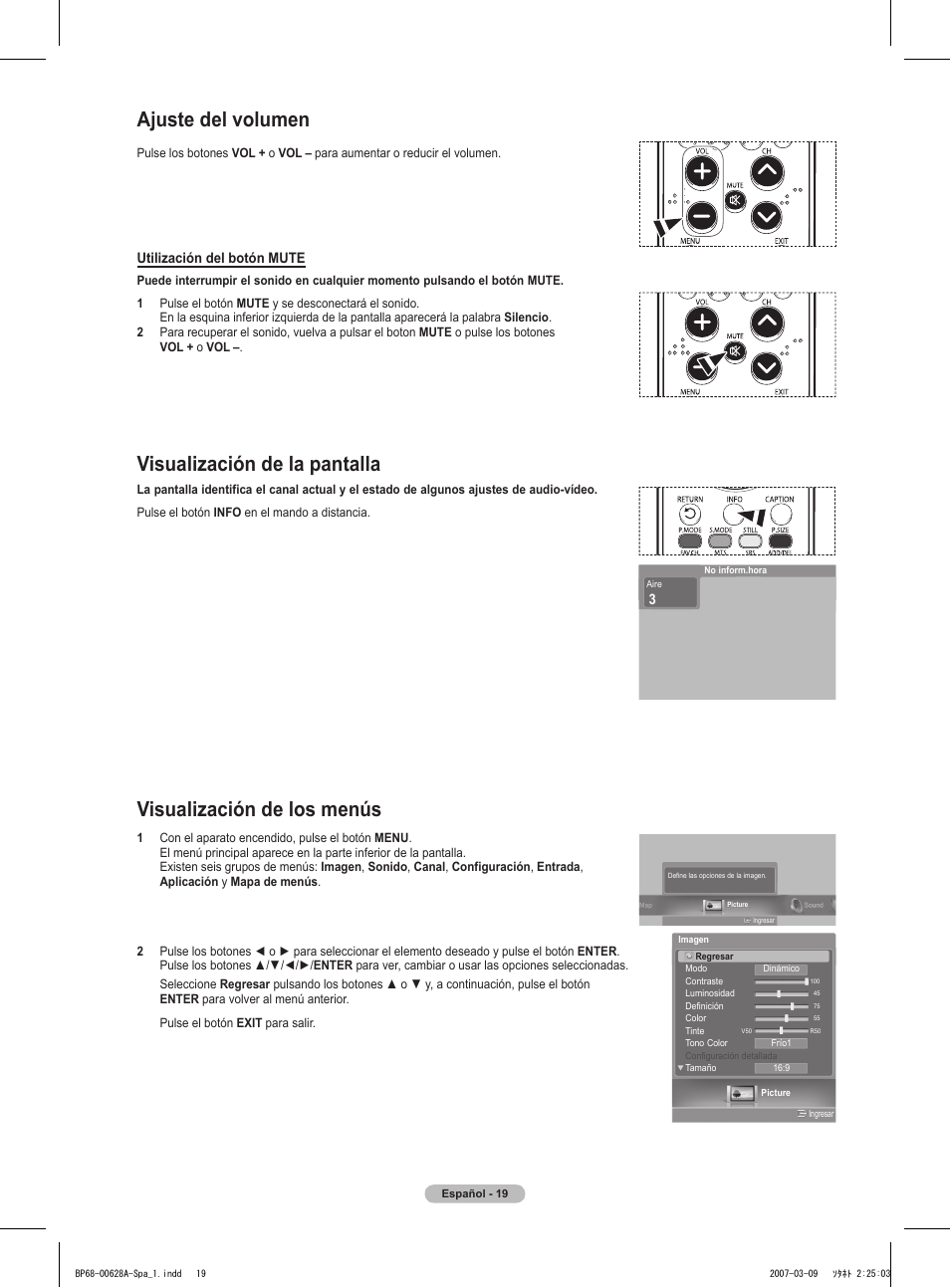 Ajuste del volumen, Visualización de la pantalla, Visualización de los menús | Samsung HLT5087SAX-XAA User Manual | Page 178 / 236