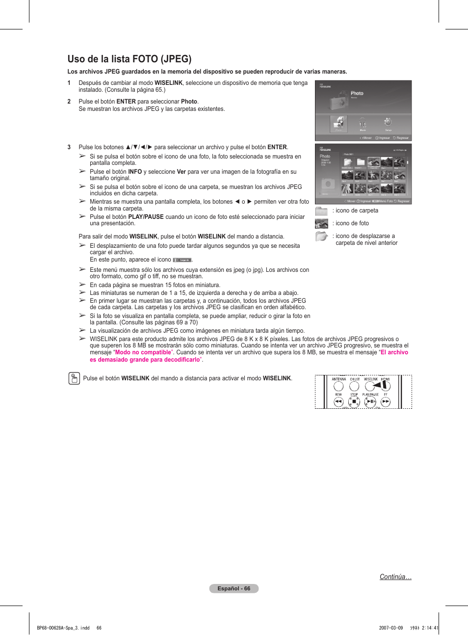 Uso de la lista foto (jpeg) | Samsung HLT5087SAX-XAA User Manual | Page 225 / 236