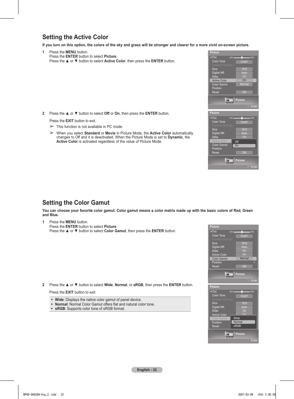 Setting the active color, Setting the color gamut | Samsung HLT5087SAX-XAA User Manual | Page 32 / 236