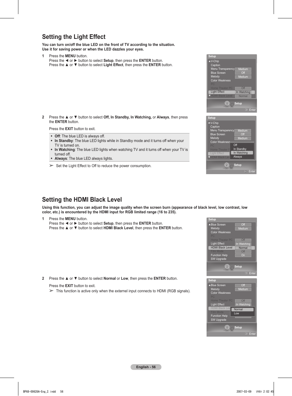 Setting the light effect, Setting the hdmi black level | Samsung HLT5087SAX-XAA User Manual | Page 56 / 236