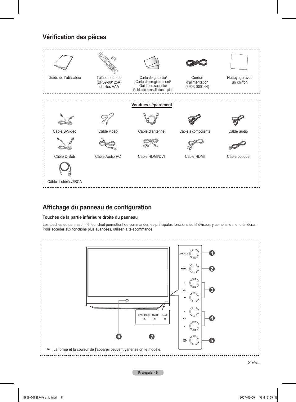 Affichage du panneau de configuration, Vérification des pièces | Samsung HLT5087SAX-XAA User Manual | Page 89 / 236