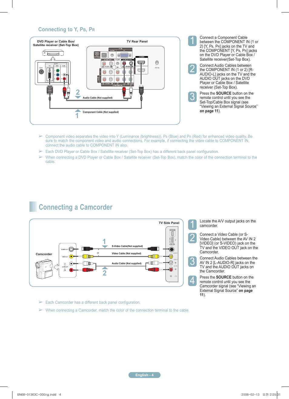 Connecting a camcorder, Connecting to y, p | Samsung PN58A550S1FXZA User Manual | Page 4 / 12