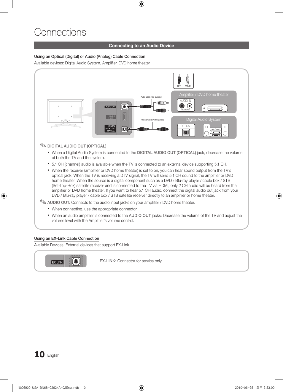 Connecting to an audio device, Connections | Samsung UN46C6900VFXZA User Manual | Page 10 / 60