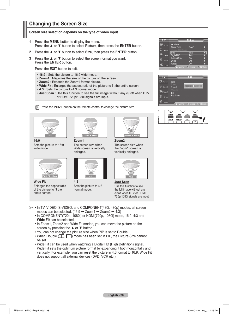 Changing the screen size | Samsung HPT4264X-XAA User Manual | Page 28 / 82